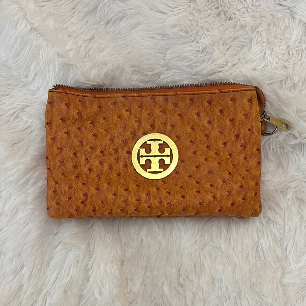 Tory Burch Orange TORI BURCH OSTRICH DOT LEATHER CLUTCH BAG